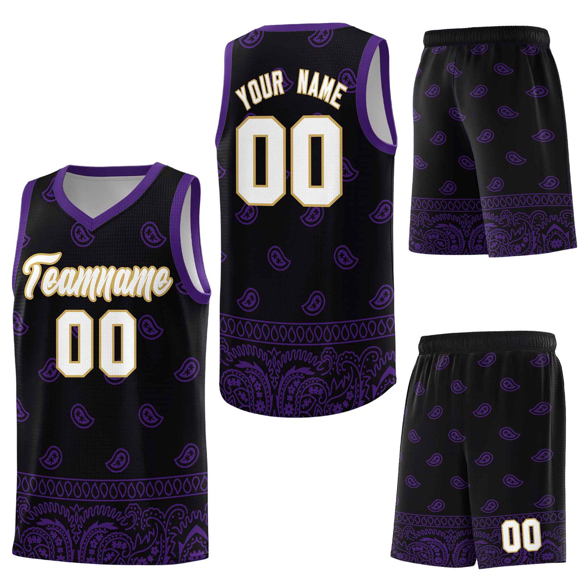 Custom Black Purple Personalized Cashew Pattern Sports Uniform Basketball Jersey