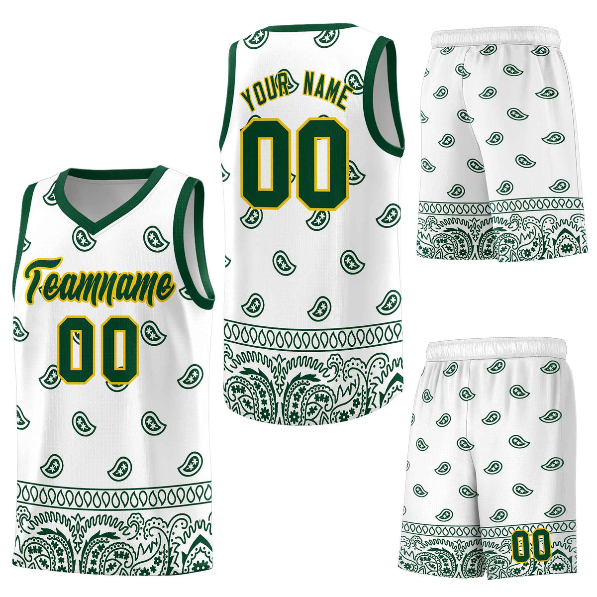 Custom Green White Personalized Cashew Pattern Sports Uniform Basketball Jersey