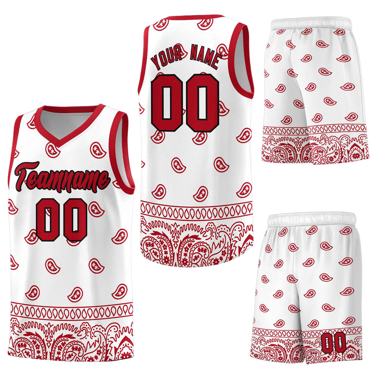 Custom White Red Personalized Cashew Pattern Sports Uniform Basketball Jersey