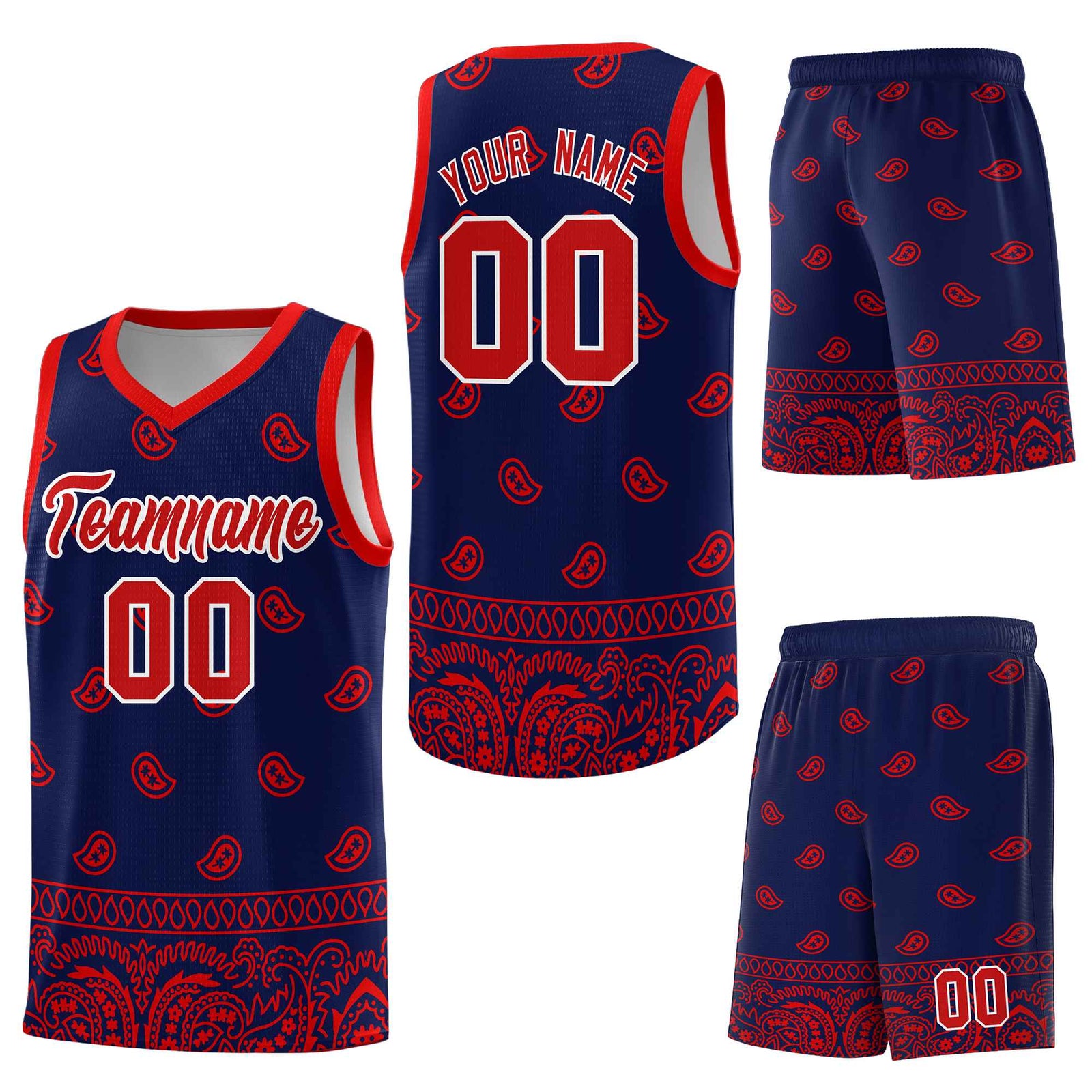 Custom Navy Red Personalized Cashew Pattern Sports Uniform Basketball Jersey