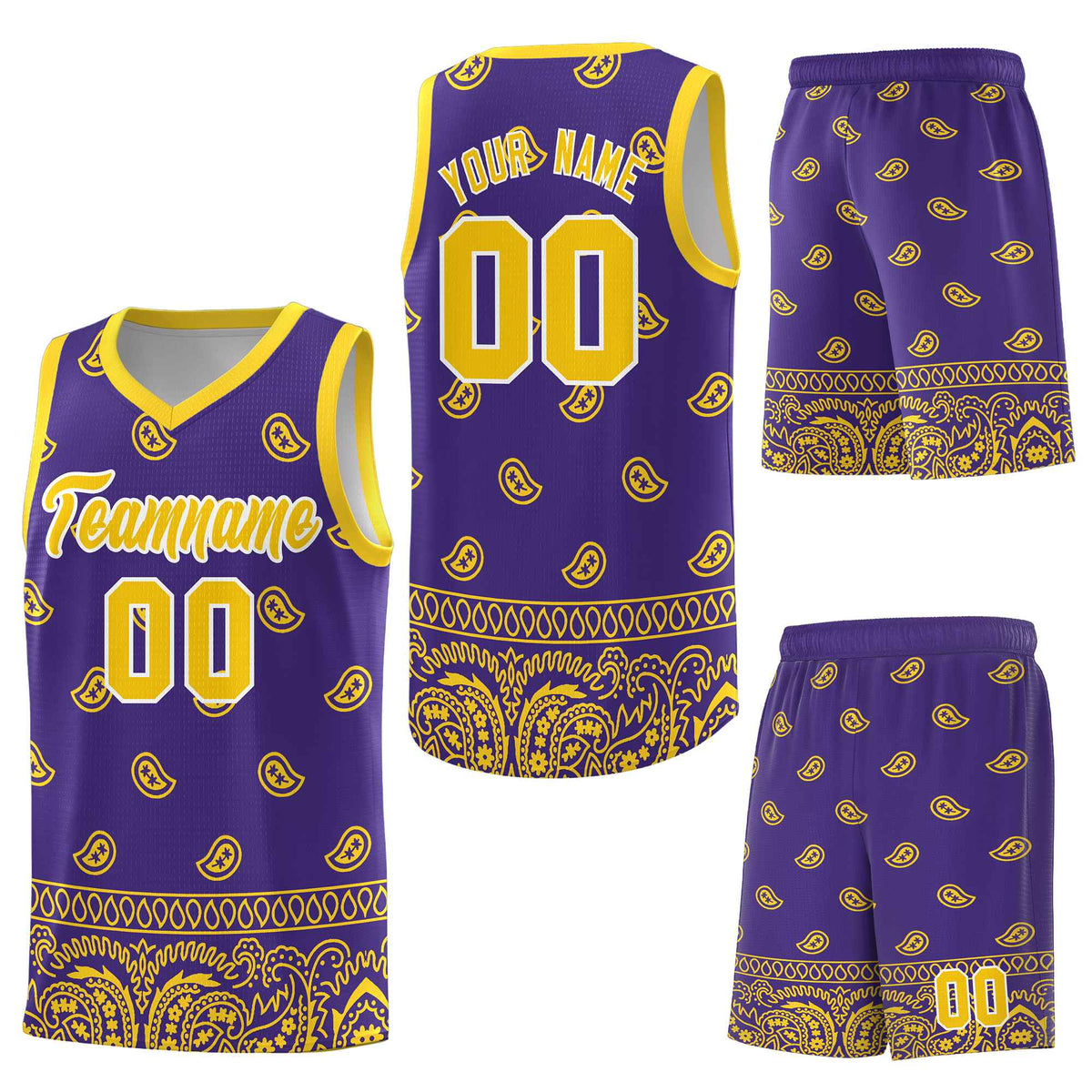 Custom Purple Gold Personalized Cashew Pattern Sports Uniform Basketball Jersey