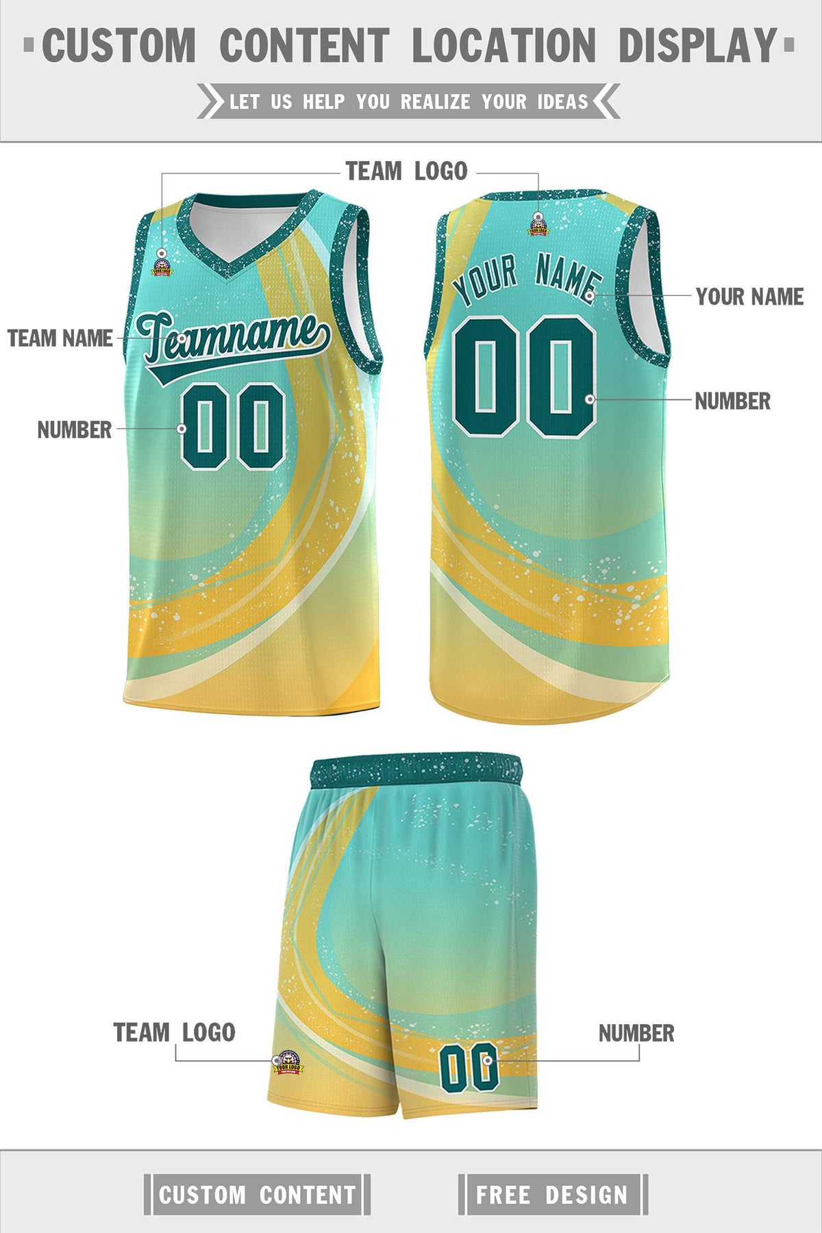 Custom Aqua Gold Personalized Galaxy Graffiti Pattern Sports Uniform Basketball Jersey
