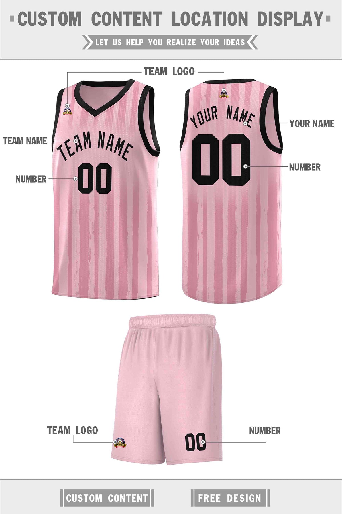 Custom Light Pink Black Vertical Striped Pattern Sports Uniform Basketball Jersey