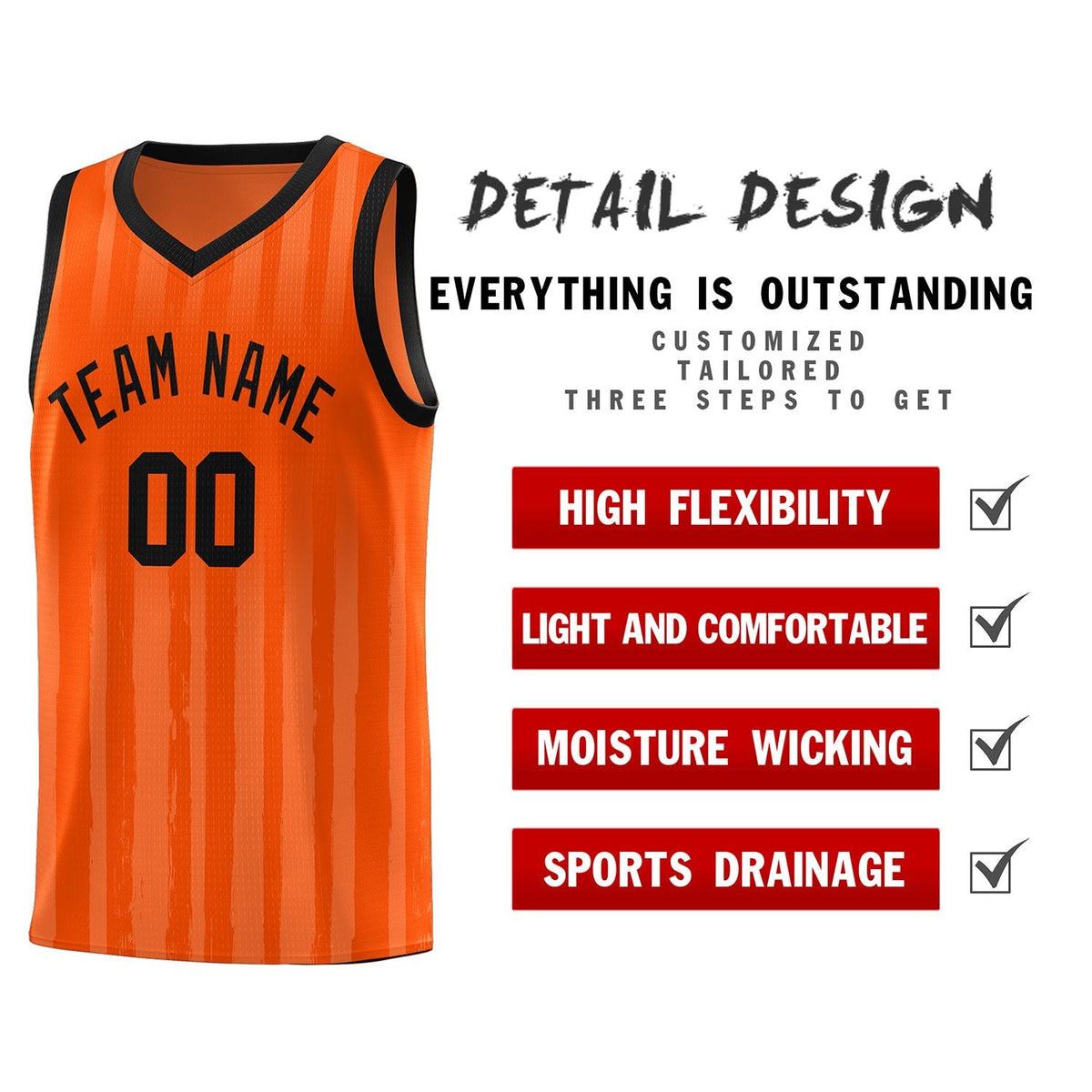 Custom Orange Black Vertical Striped Pattern Sports Uniform Basketball Jersey