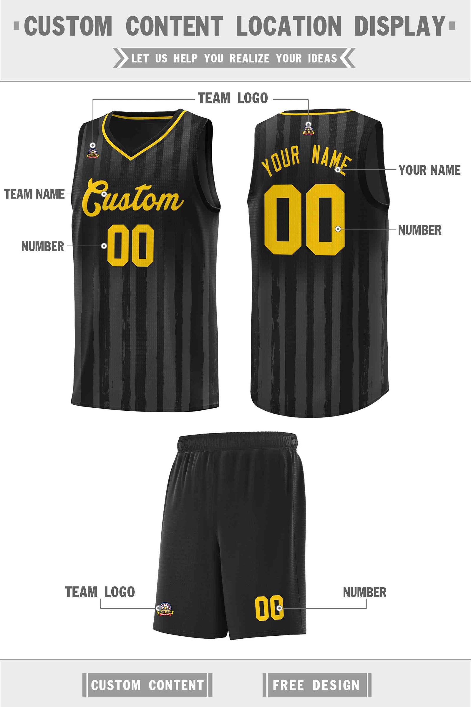 Custom Black Gold Vertical Striped Pattern Sports Uniform Basketball Jersey