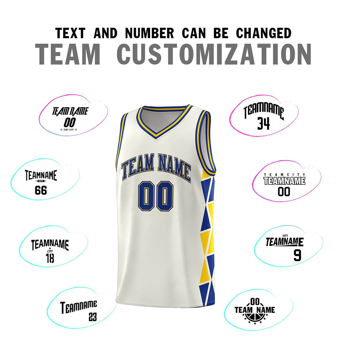 Custom Cream Royal-Gold Side Two-Color Triangle Splicing Sports Uniform Basketball Jersey