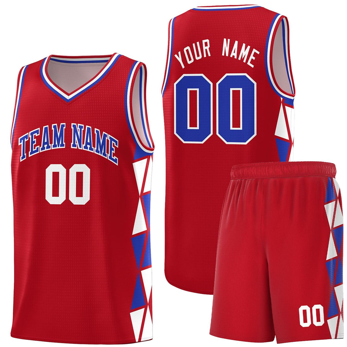 Custom Red White-Royal Side Two-Color Triangle Splicing Sports Uniform Basketball Jersey