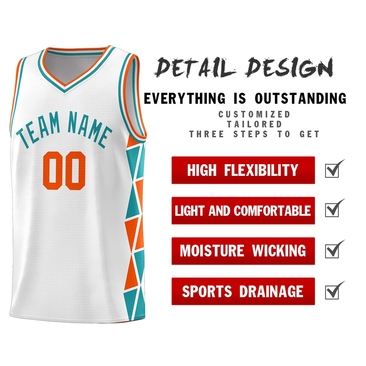Custom White Orange-Aqua Side Two-Color Triangle Splicing Sports Uniform Basketball Jersey