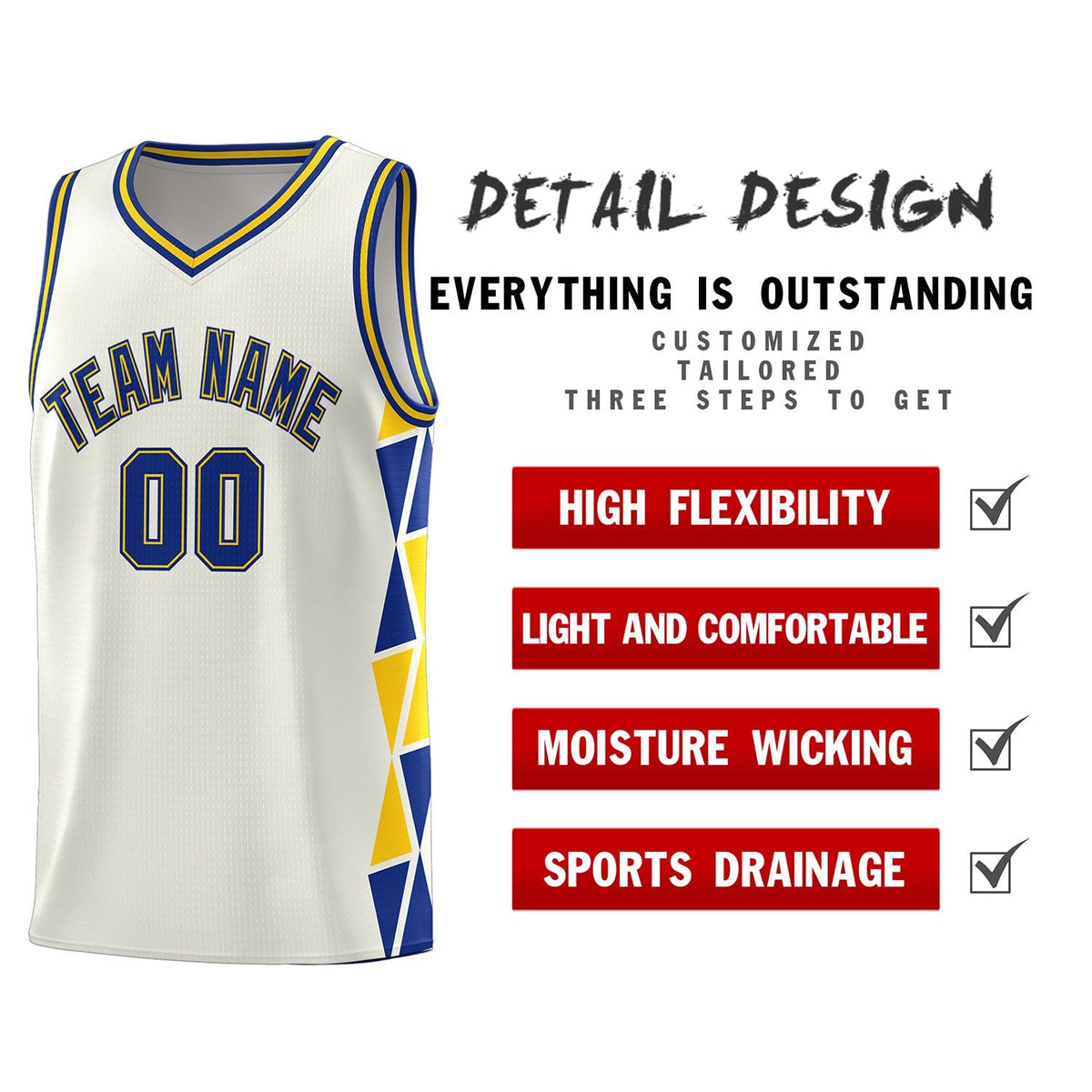 Custom Cream Royal-Gold Side Two-Color Triangle Splicing Sports Uniform Basketball Jersey