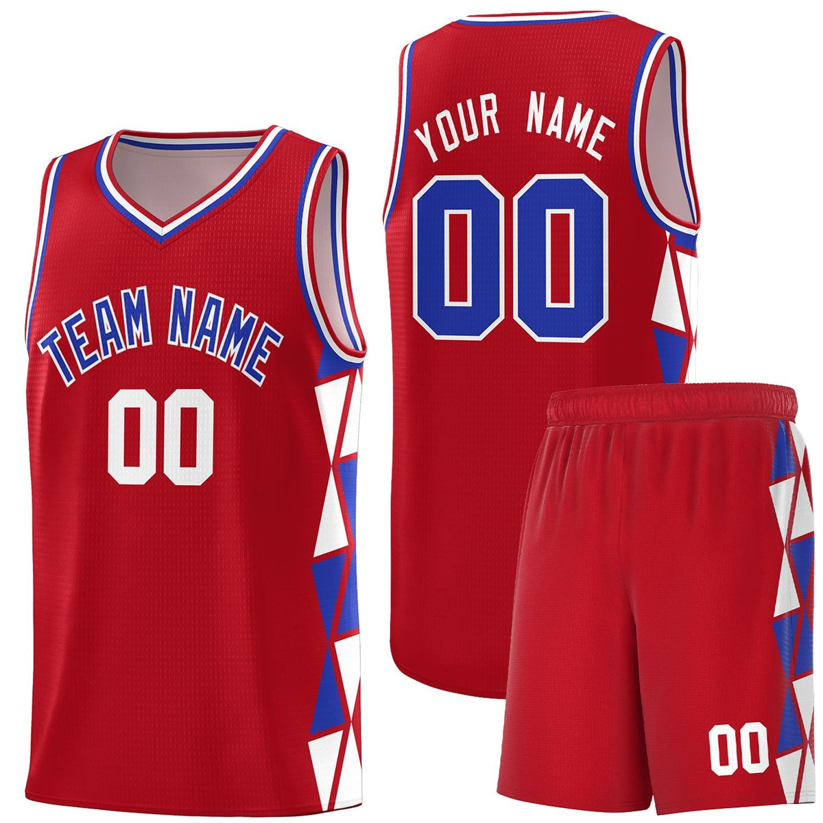 Custom Red White-Royal Side Two-Color Triangle Splicing Sports Uniform Basketball Jersey