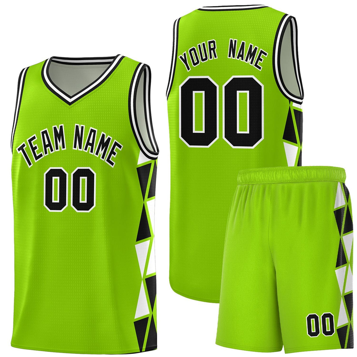 Custom Neon Green Black-White Side Two-Color Triangle Splicing Sports Uniform Basketball Jersey