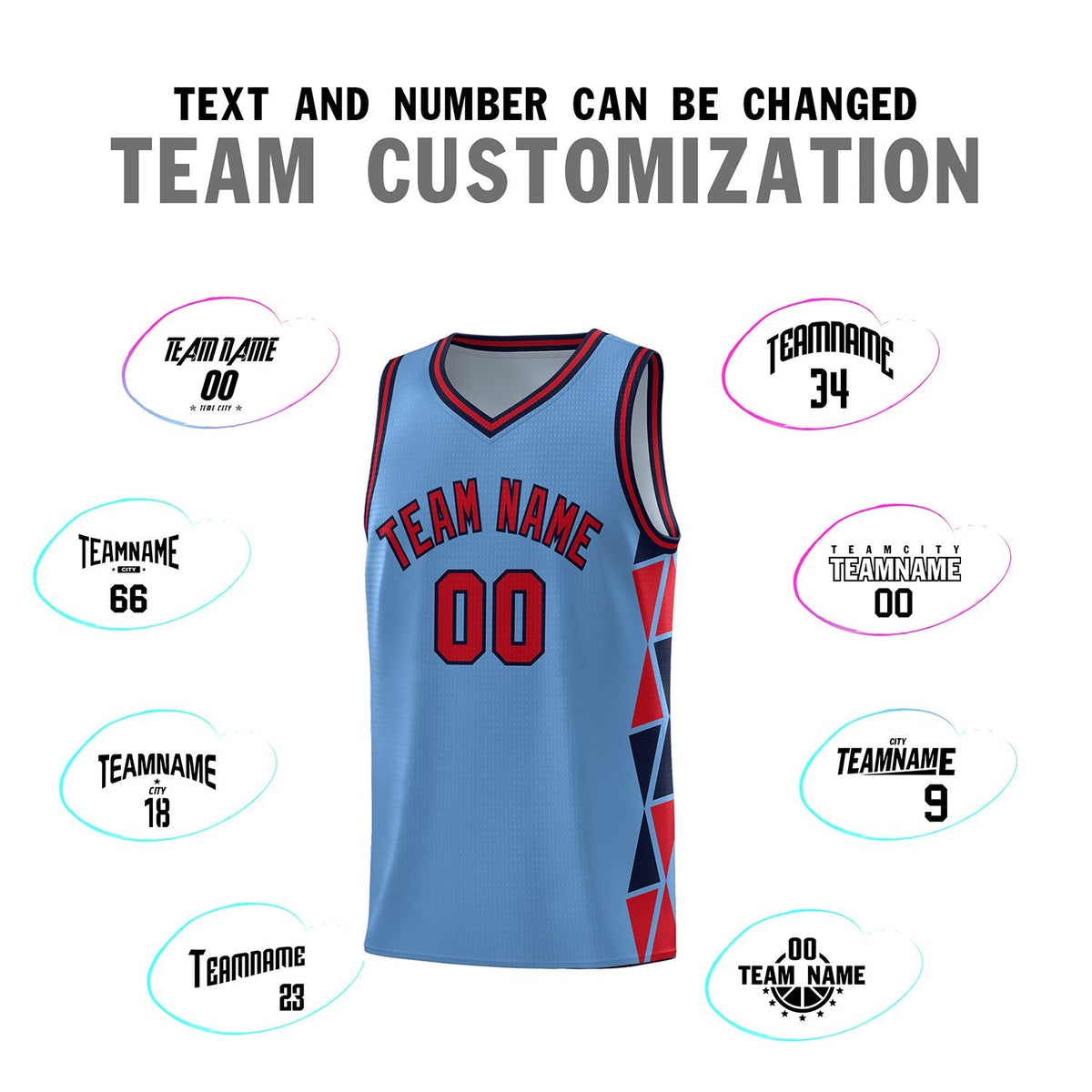 Custom Light Blue Red-Navy Side Two-Color Triangle Splicing Sports Uniform Basketball Jersey