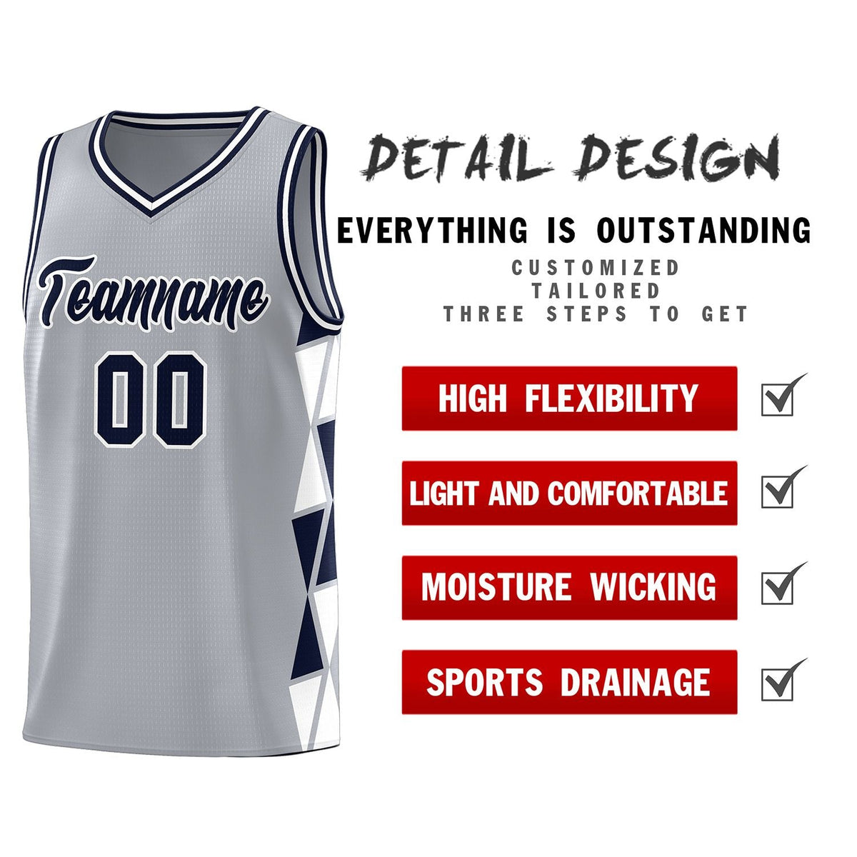 Custom Gray Navy-White Side Two-Color Triangle Splicing Sports Uniform Basketball Jersey