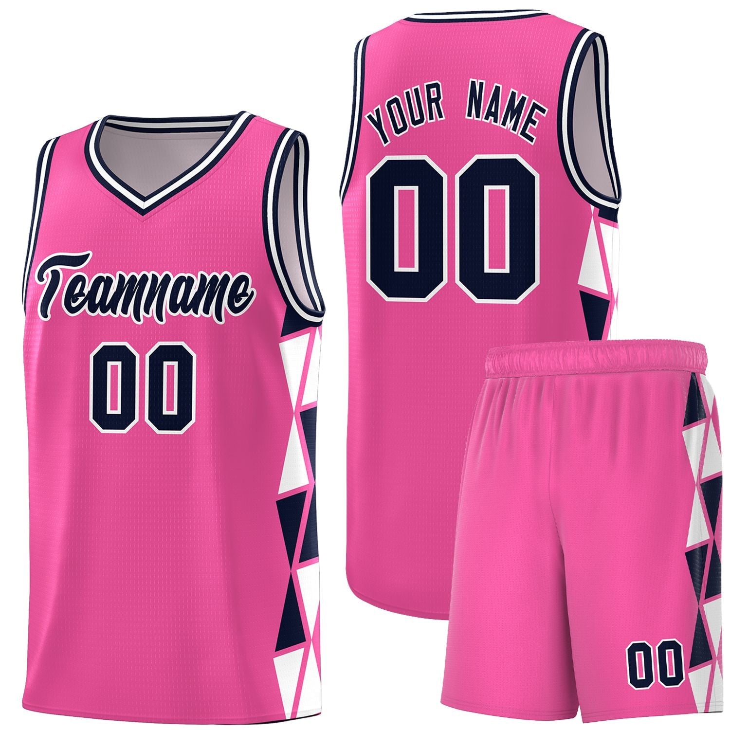 Custom Pink Navy-White Side Two-Color Triangle Splicing Sports Uniform Basketball Jersey
