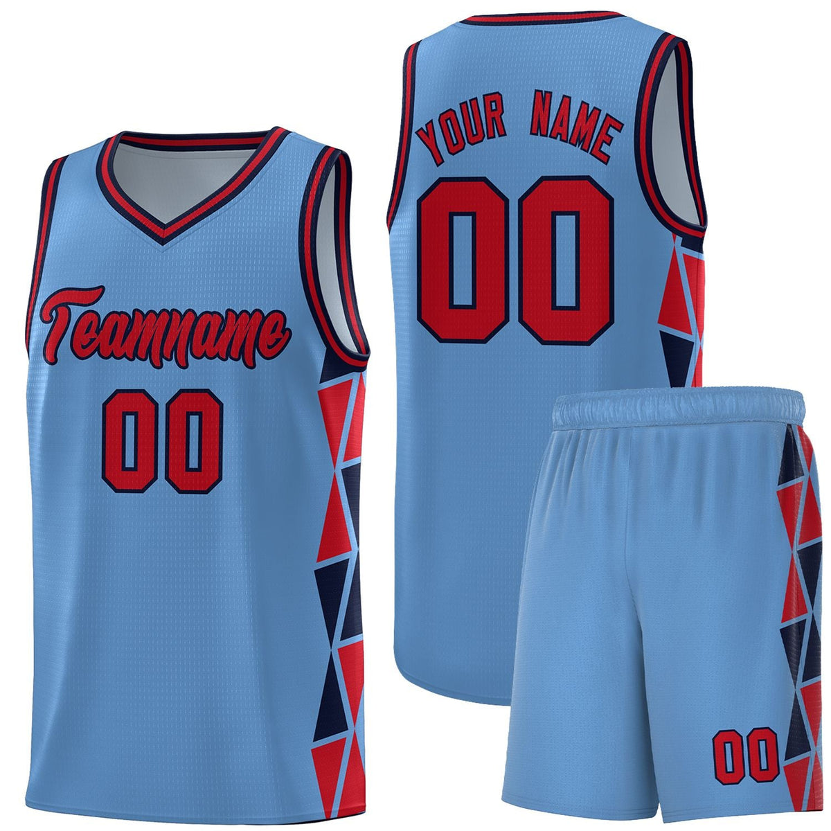 Custom Light Blue Red-Navy Side Two-Color Triangle Splicing Sports Uniform Basketball Jersey