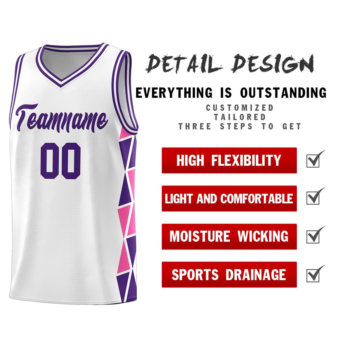 Custom White Purple-Pink Side Two-Color Triangle Splicing Sports Uniform Basketball Jersey