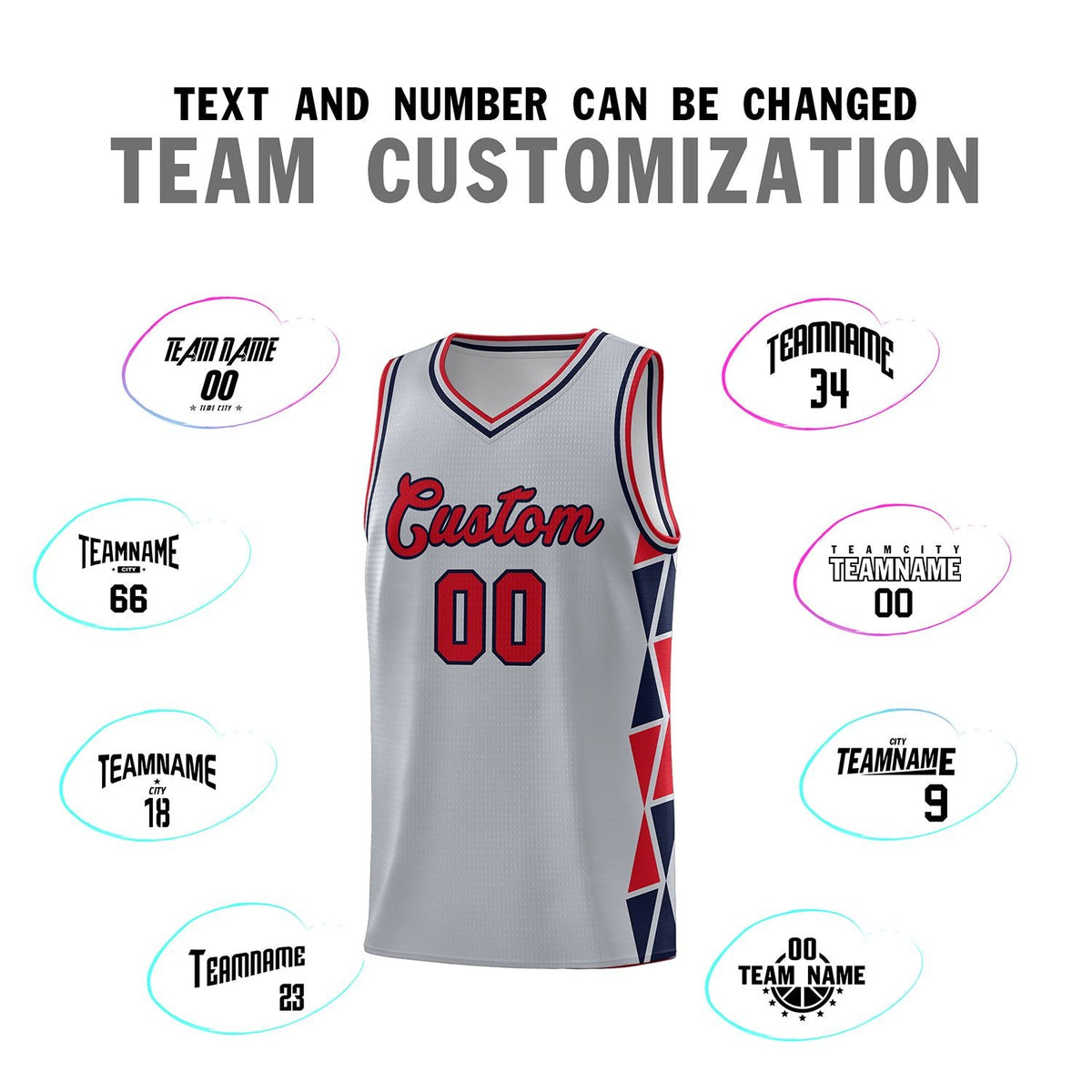Custom Gray Red-Navy Side Two-Color Triangle Splicing Sports Uniform Basketball Jersey