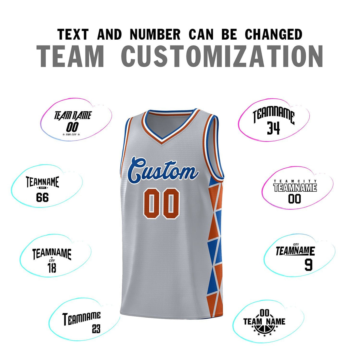 Custom Gray Royal-Texas Orange Side Two-Color Triangle Splicing Sports Uniform Basketball Jersey