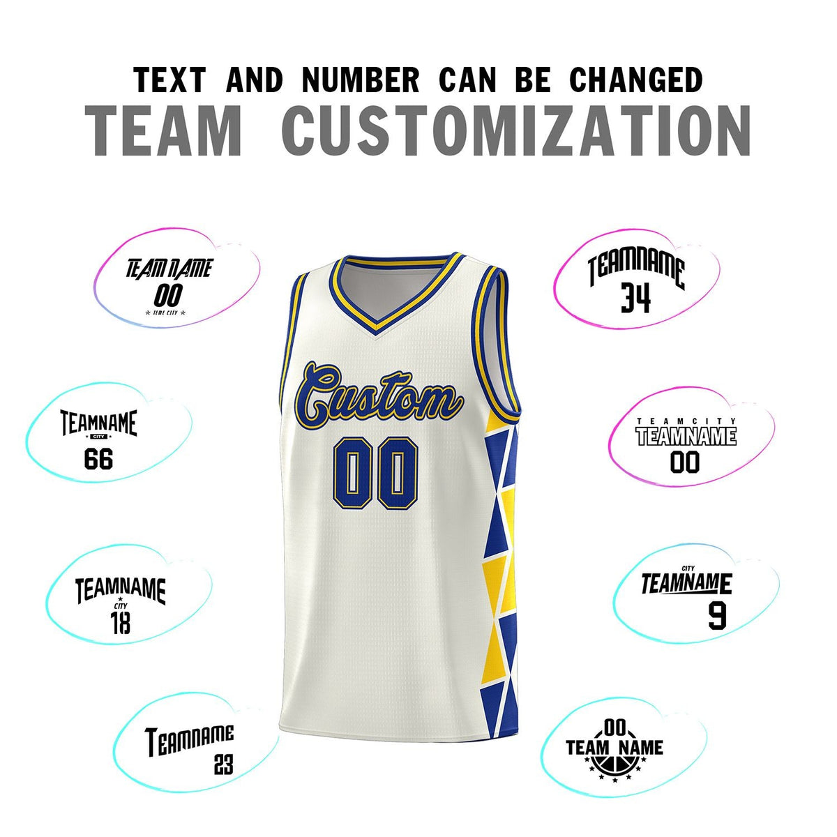 Custom Cream Royal-Gold Side Two-Color Triangle Splicing Sports Uniform Basketball Jersey