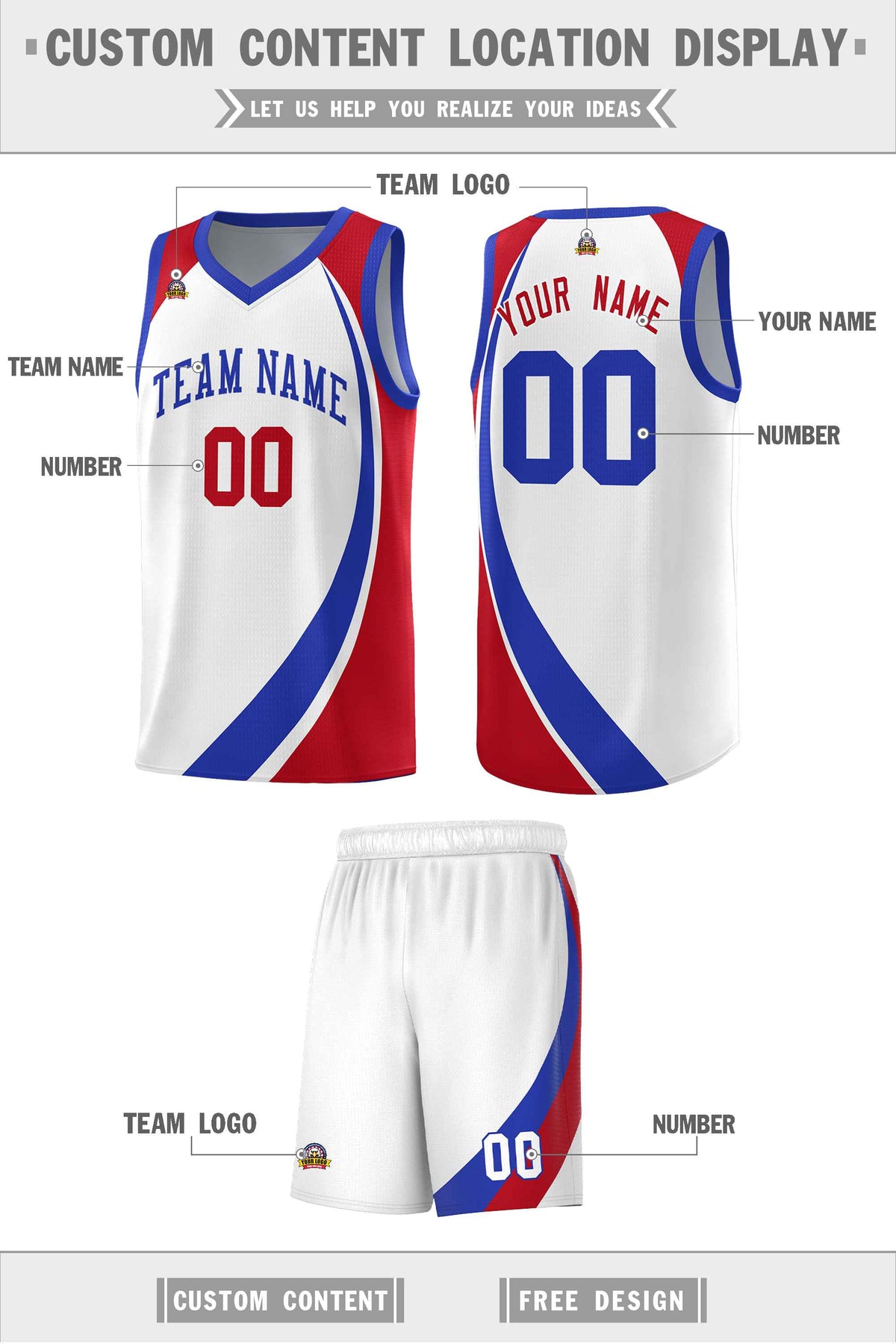 Custom White Royal-Red Color Block Sports Uniform Basketball Jersey