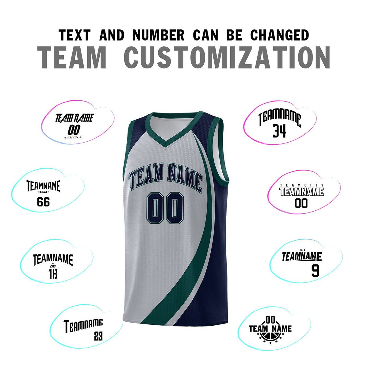 Custom Gray Midnight Green-Navy Color Block Sports Uniform Basketball Jersey