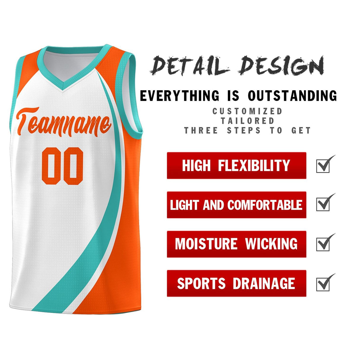 Custom White Aqua-Orange Color Block Sports Uniform Basketball Jersey