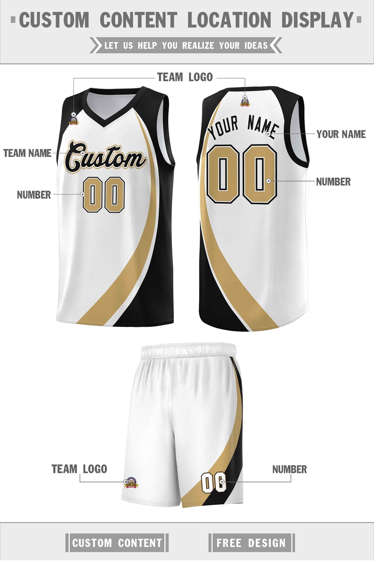 Custom White Old Gold-Black Color Block Sports Uniform Basketball Jersey