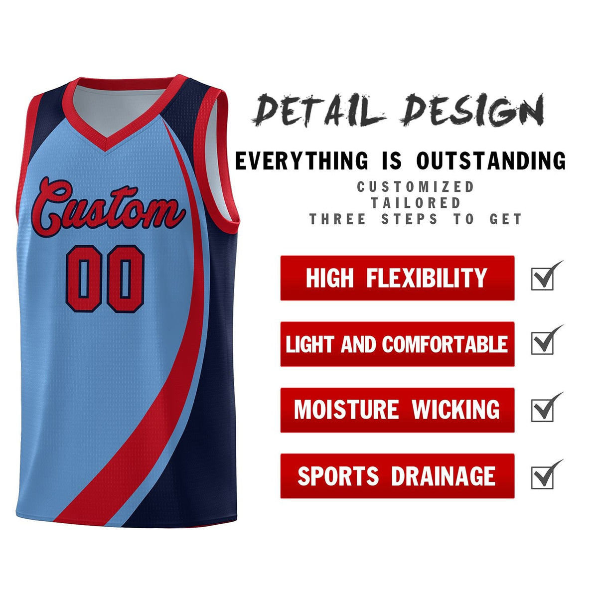 Custom Light Blue Red-Navy Color Block Sports Uniform Basketball Jersey