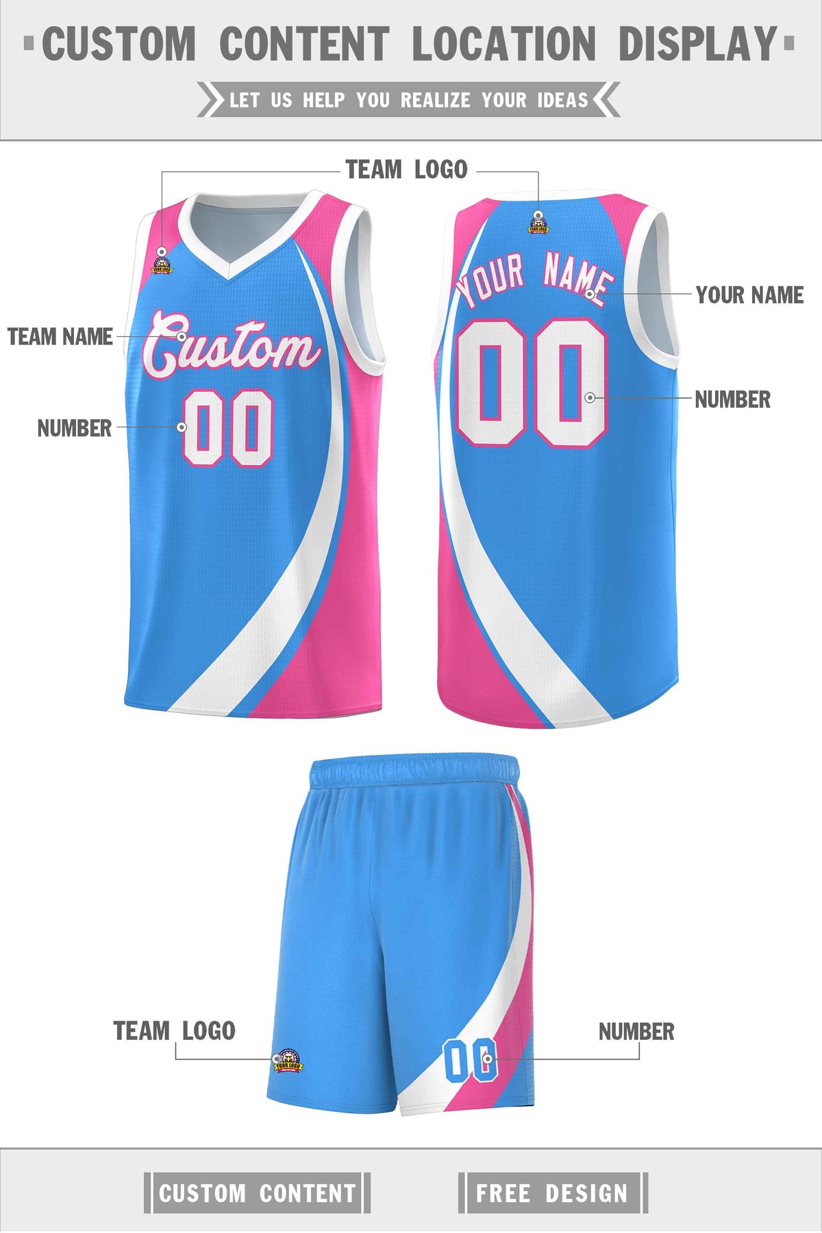 Custom Powder Blue White-Pink Color Block Sports Uniform Basketball Jersey
