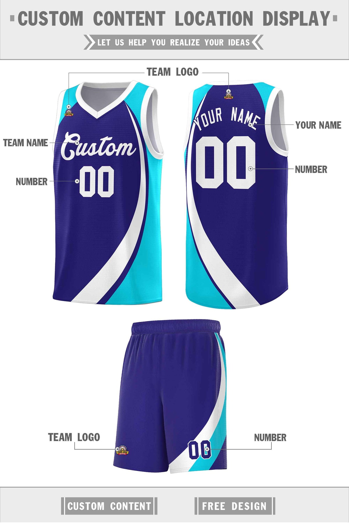 Custom Violet White-Sky Blue Color Block Sports Uniform Basketball Jersey