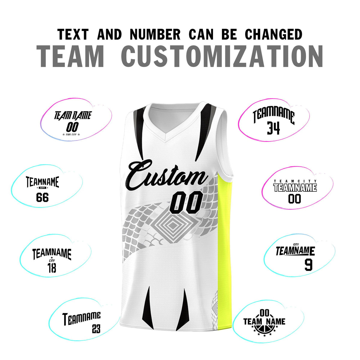 Custom White Neon Green Snake Scale Venomous Fang for Clubs Graffiti Pattern Basketball Suit Jersey