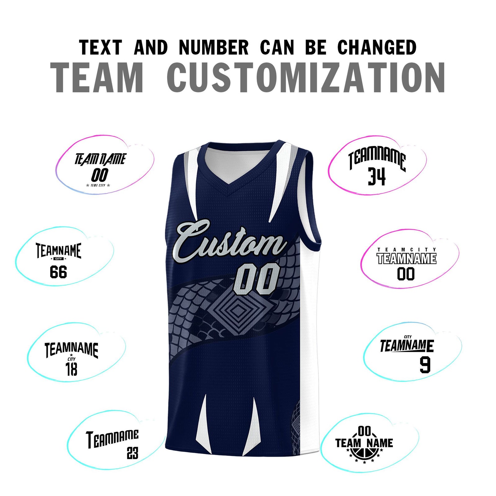 Custom Navy White Snake Scale Venomous Fang Lightweight Graffiti Pattern Basketball Suit Jersey