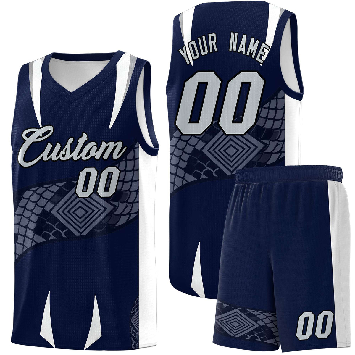Custom Navy White Snake Scale Venomous Fang Lightweight Graffiti Pattern Basketball Suit Jersey
