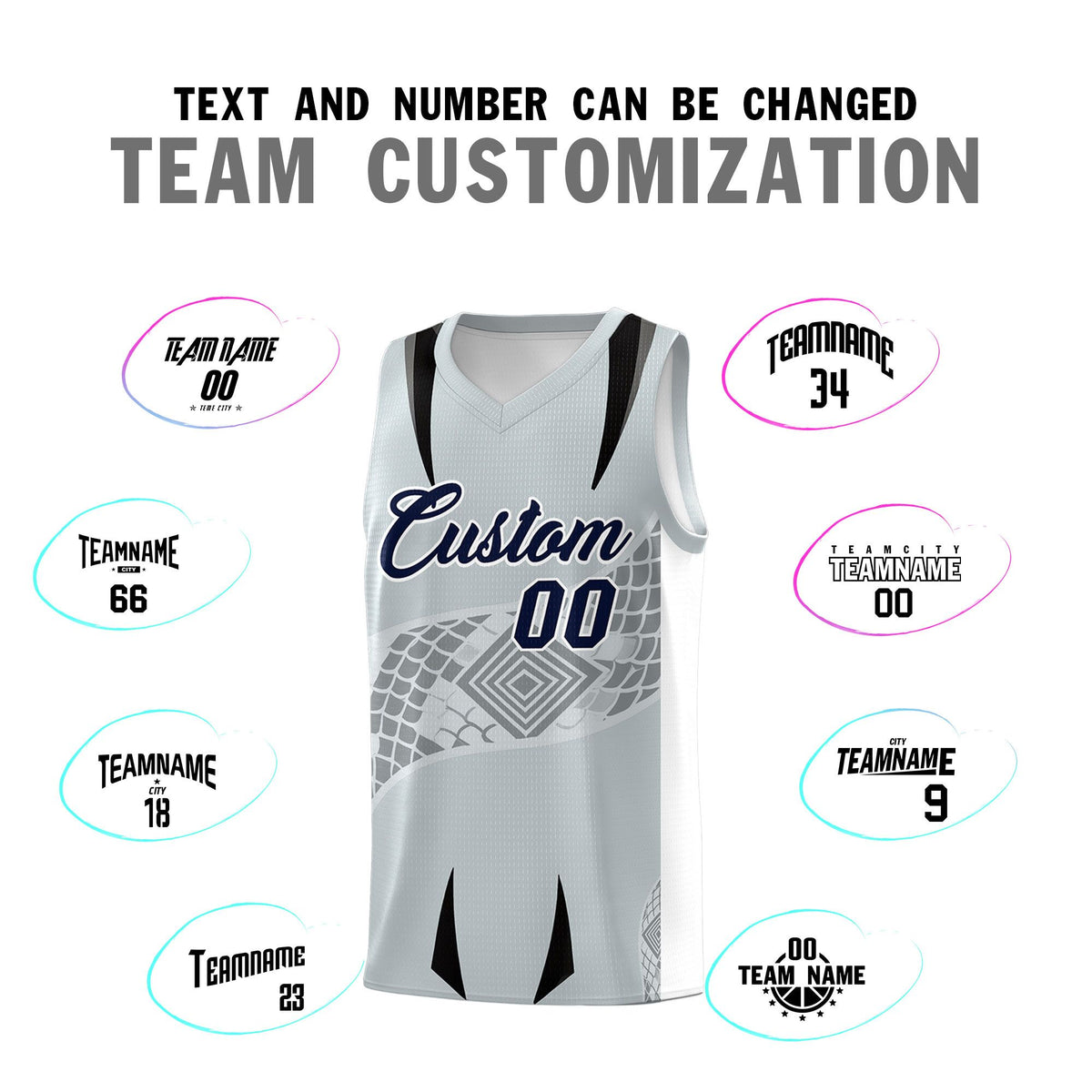 Custom Silver White Snake Scale Venomous Fang for Team Graffiti Pattern Basketball Suit Jersey