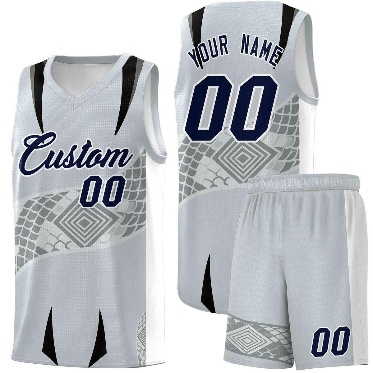 Custom Silver White Snake Scale Venomous Fang for Team Graffiti Pattern Basketball Suit Jersey