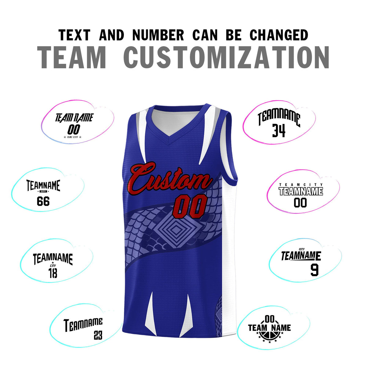 Custom Royal White Snake Scale Venomous Fang Drapable Graffiti Pattern Basketball Suit Jersey