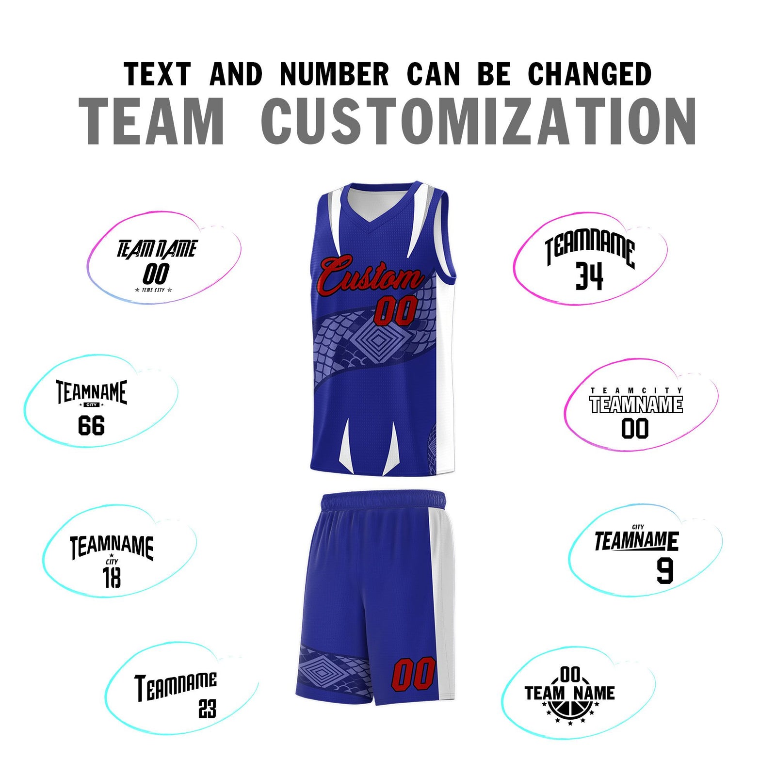 Custom Royal White Snake Scale Venomous Fang Drapable Graffiti Pattern Basketball Suit Jersey