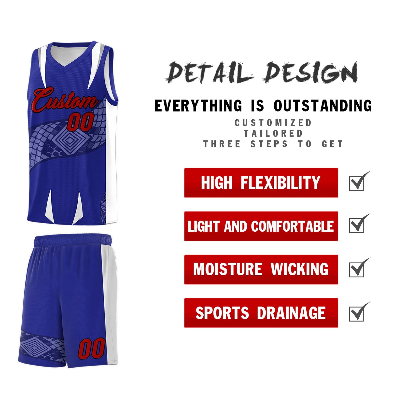 Custom Royal White Snake Scale Venomous Fang Drapable Graffiti Pattern Basketball Suit Jersey