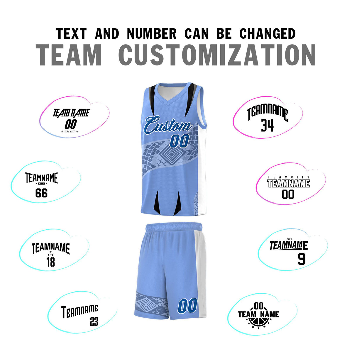 Custom Light Blue White Snake Scale Venomous Fang for Clubs Graffiti Pattern Basketball Suit Jersey