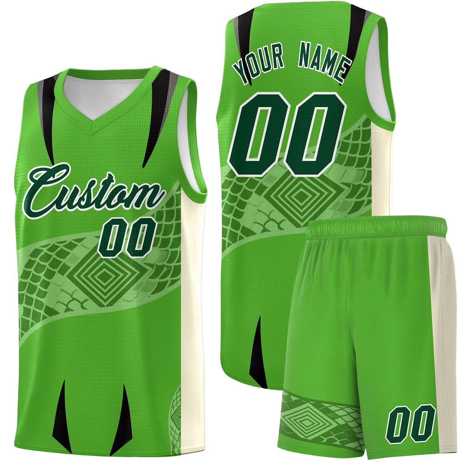 Custom Light Green Cream Snake Scale Venomous Fang for Team Graffiti Pattern Basketball Suit Jersey