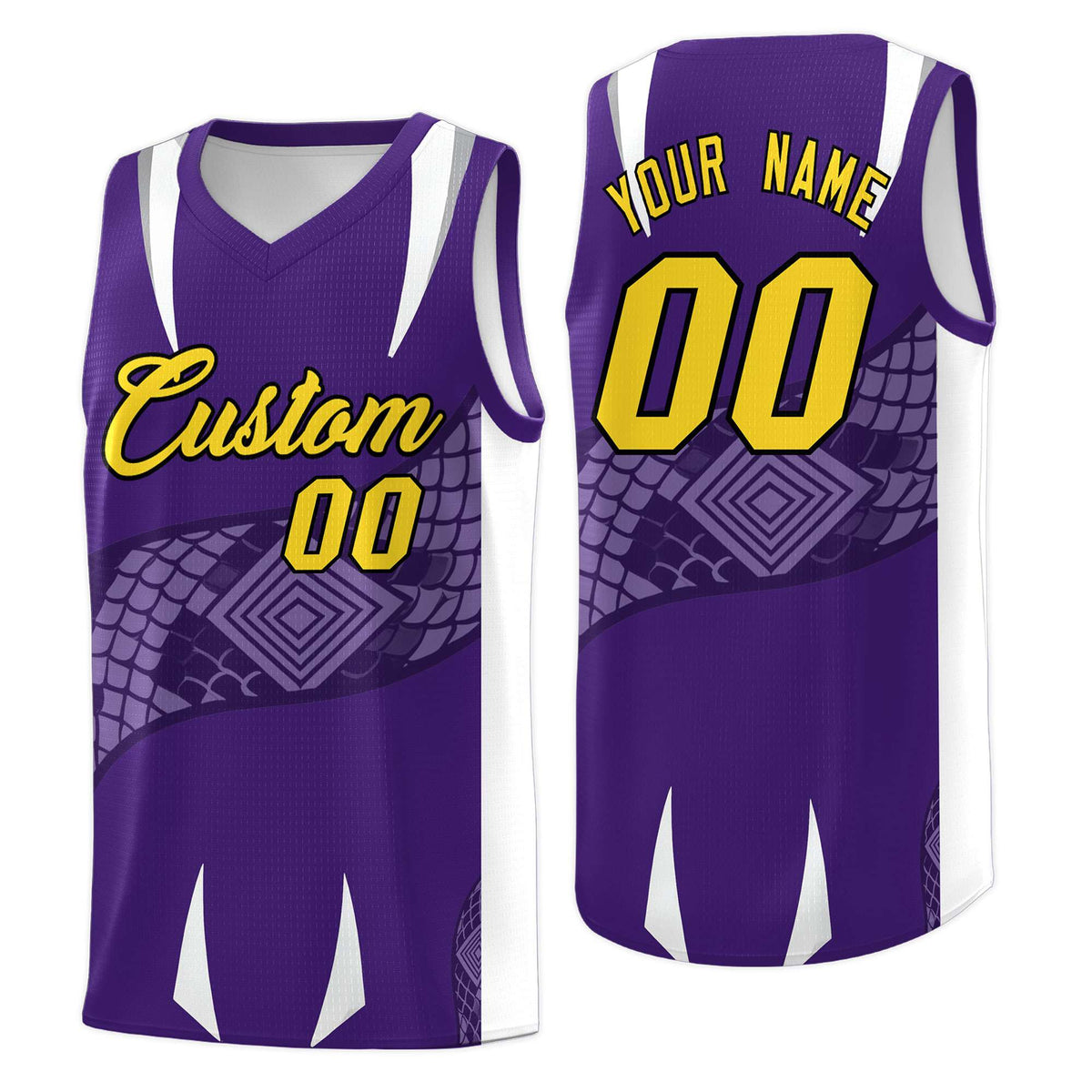 Custom Purple White Snake Scale Venomous Fang Drapable Graffiti Pattern Basketball Suit Jersey