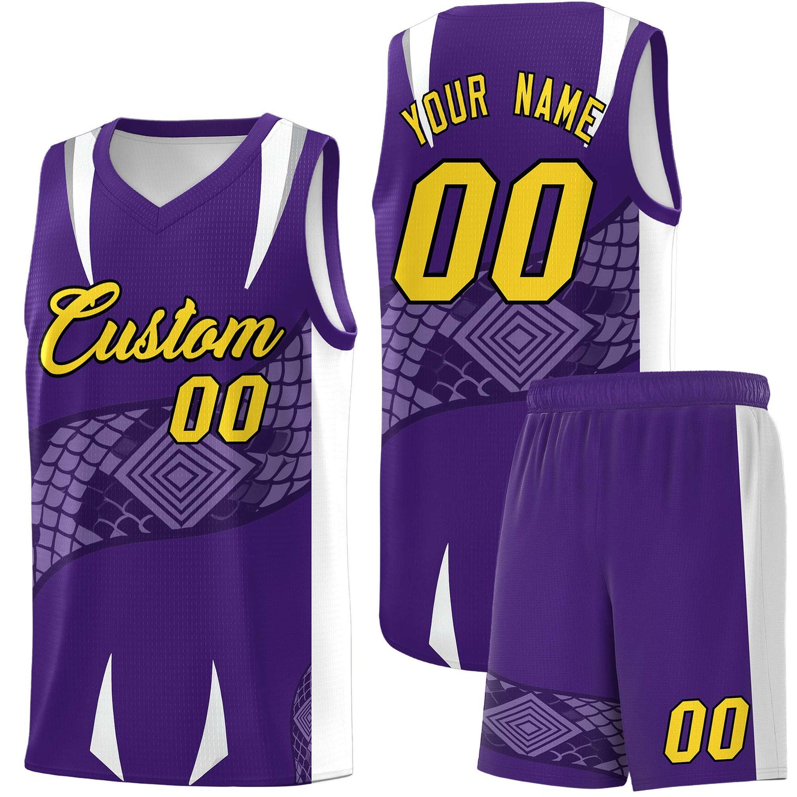 Custom Purple White Snake Scale Venomous Fang Drapable Graffiti Pattern Basketball Suit Jersey