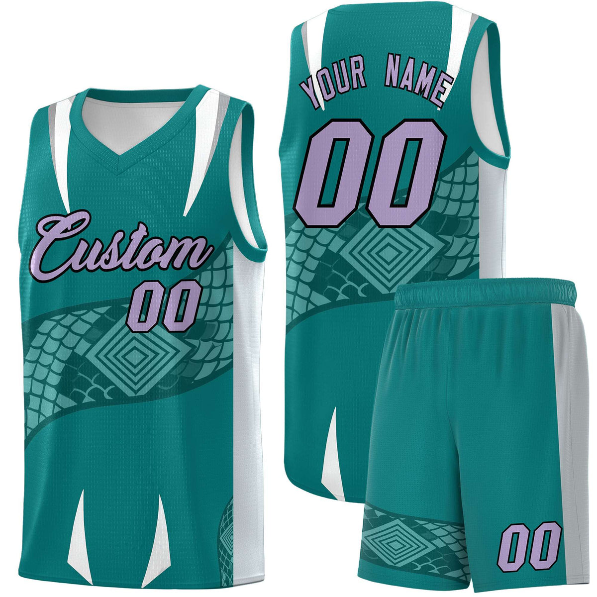 Custom Teal Silver Snake Scale Venomous Fang Breathable Graffiti Pattern Basketball Suit Jersey