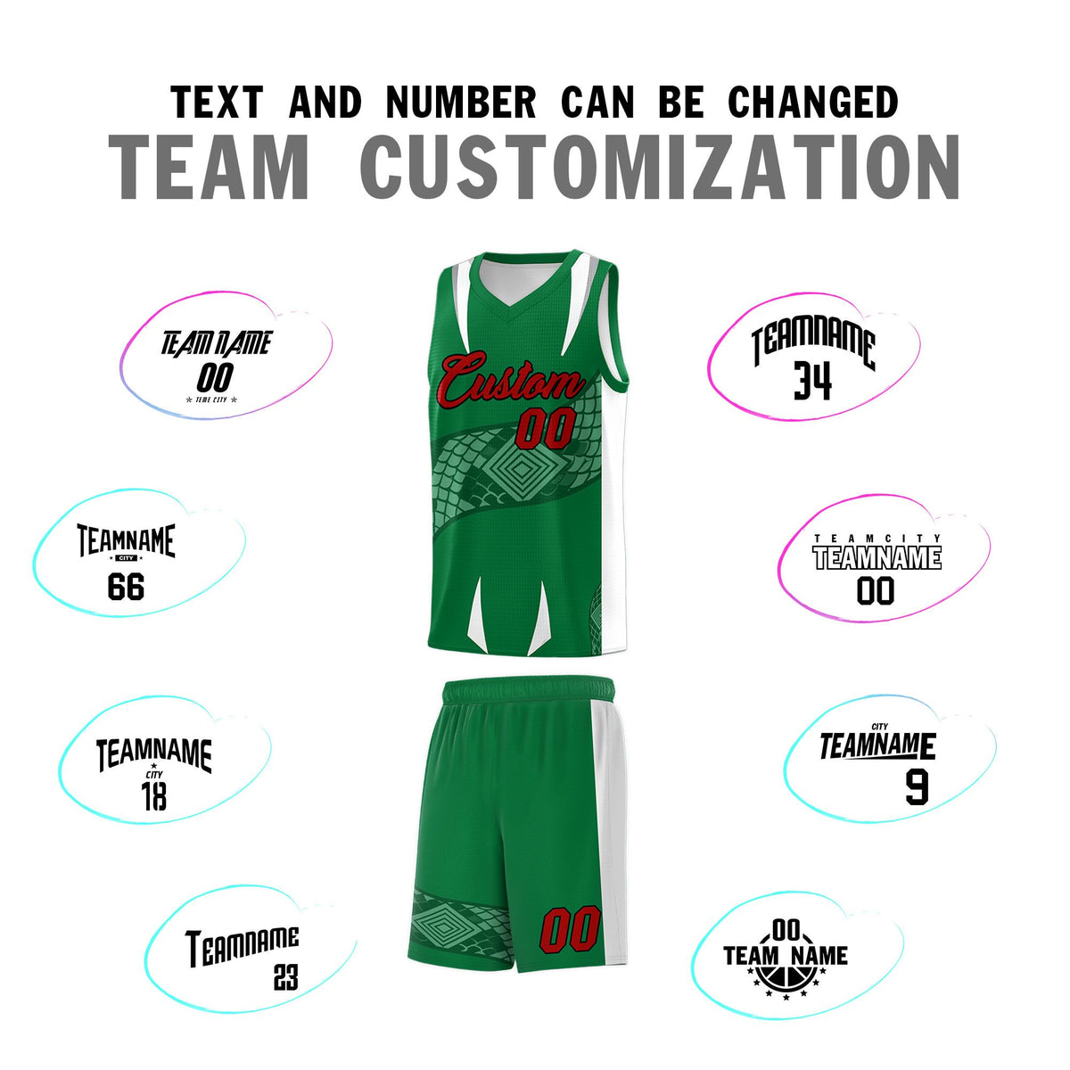 Custom Kelly Green White Snake Scale Venomous Fang Breathable Graffiti Pattern Basketball Suit Jersey