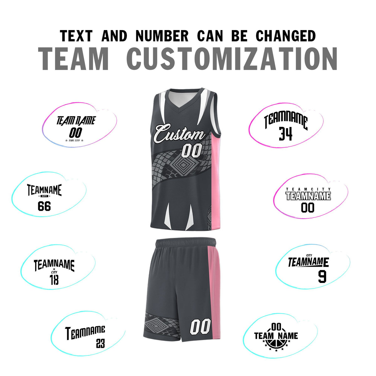 Custom Gray Light Pink Snake Scale Venomous Fang Drapable Graffiti Pattern Basketball Suit Jersey