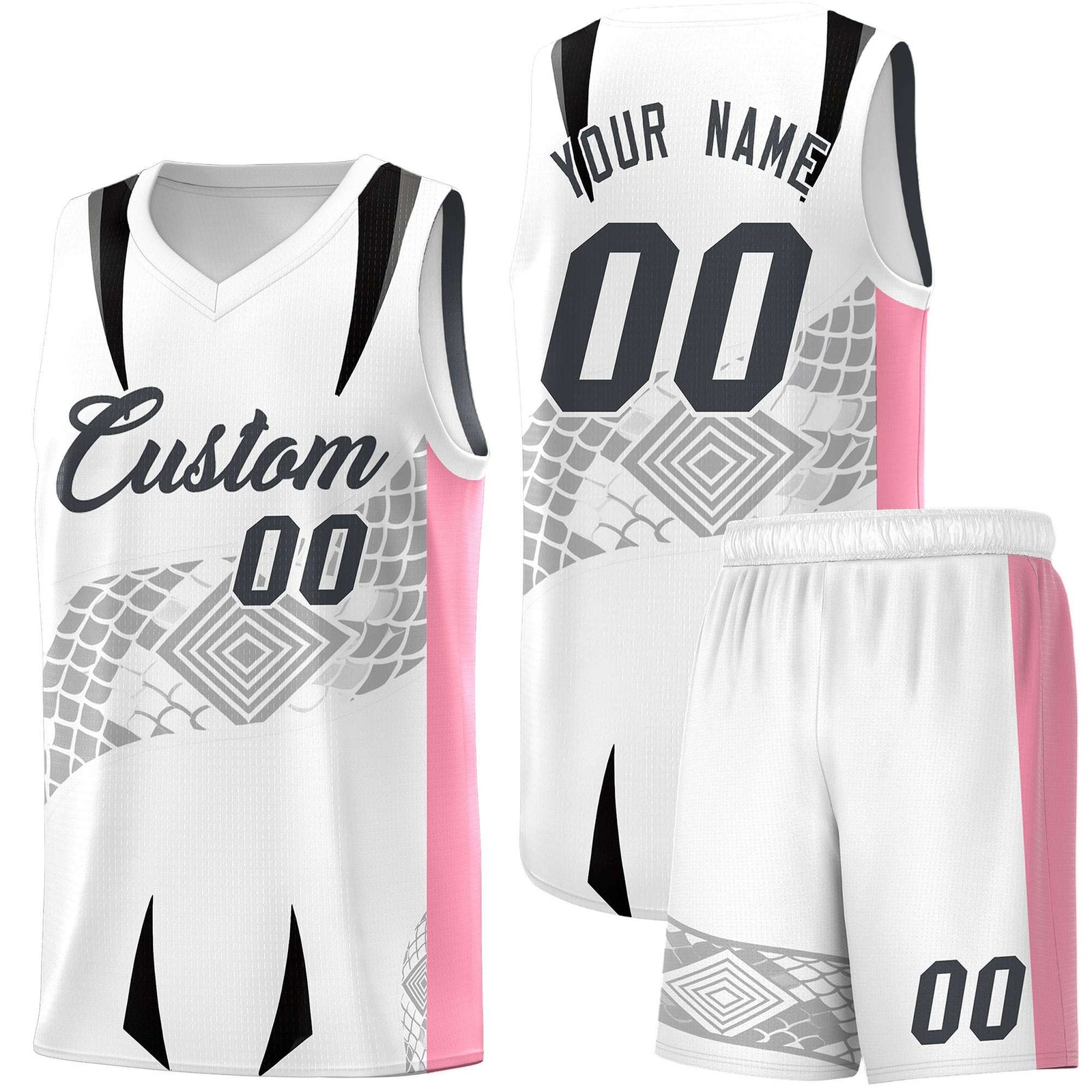 Custom White Light Pink Snake Scale Venomous Fang for Leagues Graffiti Pattern Basketball Suit Jersey