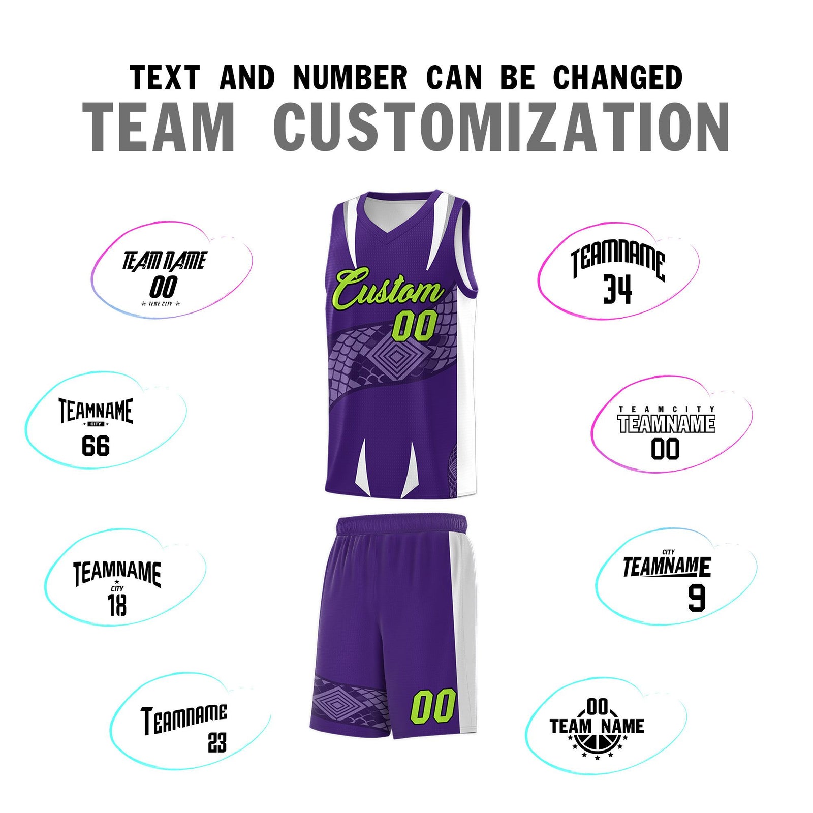 Custom Purple White Snake Scale Venomous Fang Breathable Graffiti Pattern Basketball Suit Jersey