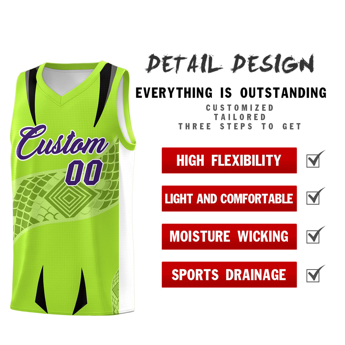 Custom Neon Green White Snake Scale Venomous Fang for Clubs Graffiti Pattern Basketball Suit Jersey