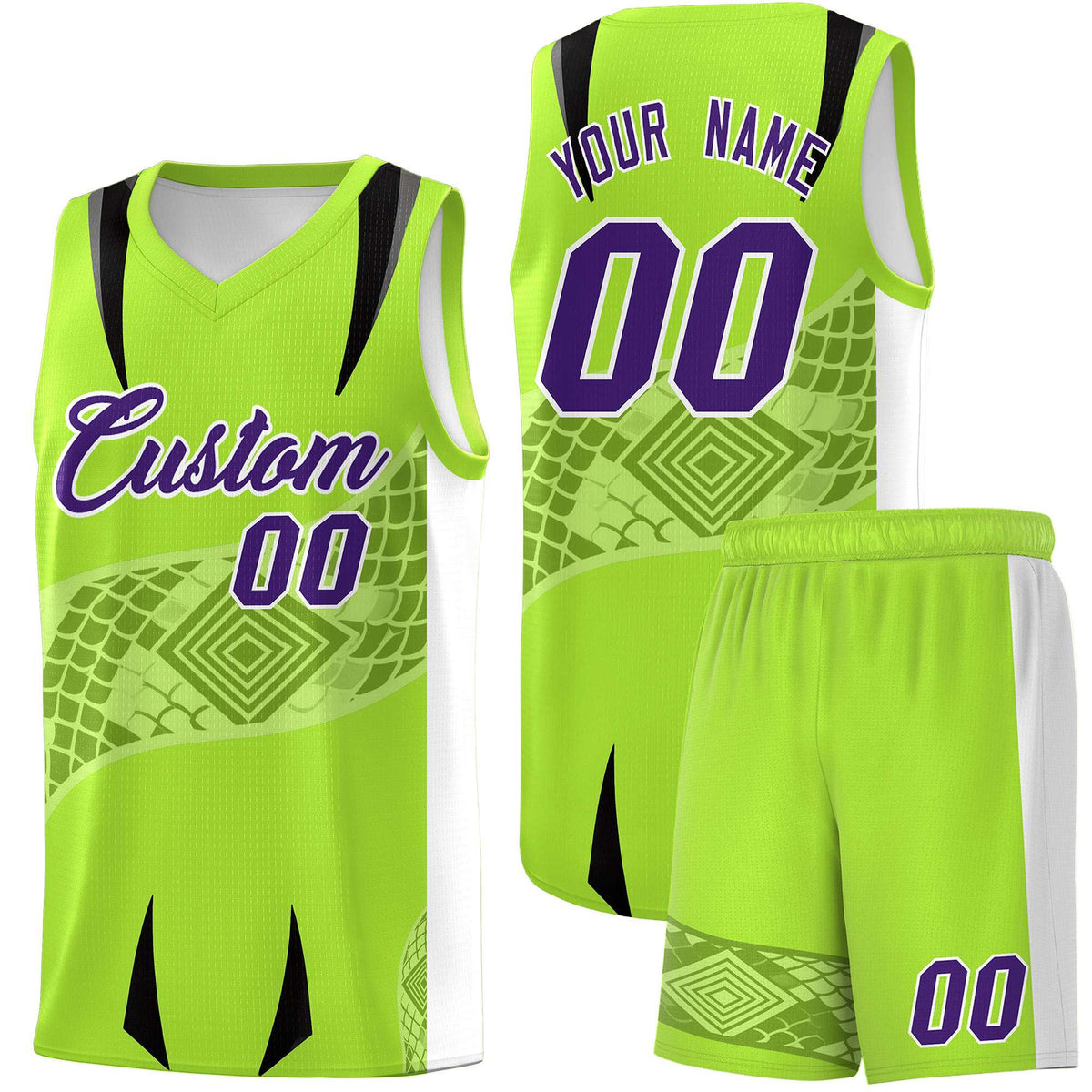 Custom Neon Green White Snake Scale Venomous Fang for Clubs Graffiti Pattern Basketball Suit Jersey