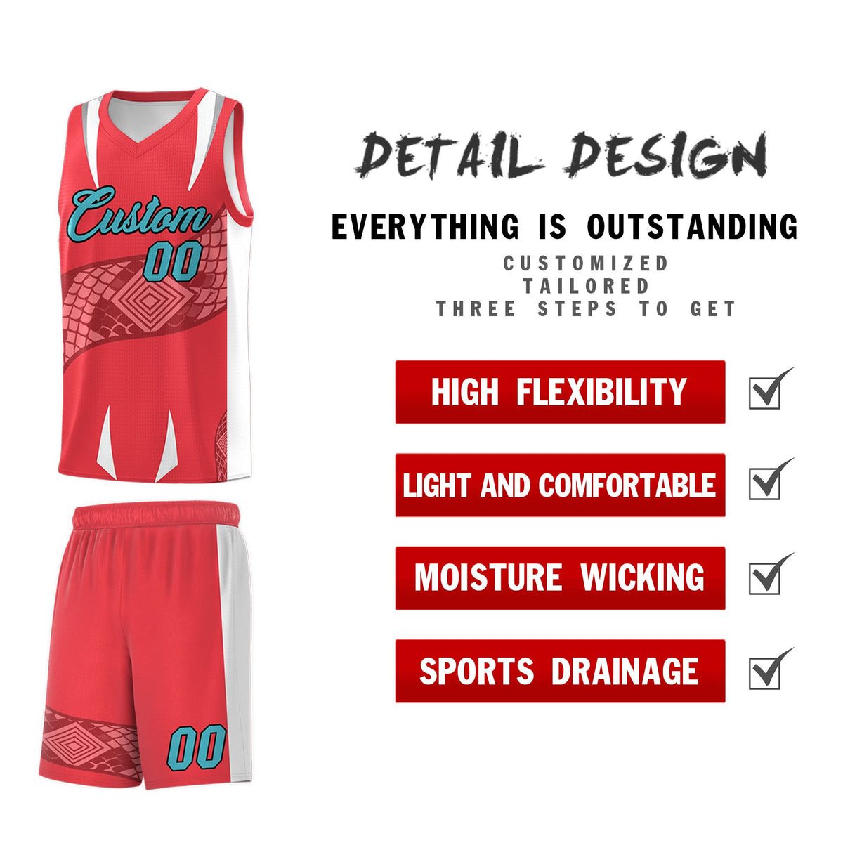 Custom Light Red White Snake Scale Venomous Fang Lightweight Graffiti Pattern Basketball Suit Jersey